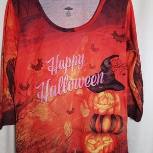 Womans Size Medium Happy Halloween  1/4 Sleeve Orange Pumpkin Tee Fall Spooky